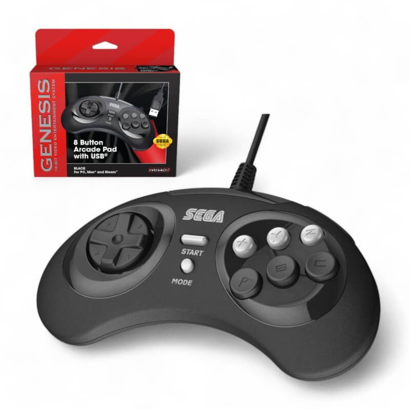 Retro-bit Official SEGA 8-Button Arcade Pad USB per PC Mac Steam Nero-Mega Drive-Pixxelife by INMEDIA